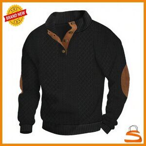 Men's Vintage Pullover Sweater with Elbow Patches, Button Collar